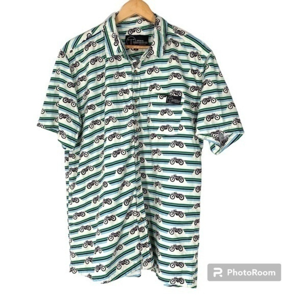 TRANSMISSION BREWING Novelty Motorcycle Print Button Front Shirt Men's XL